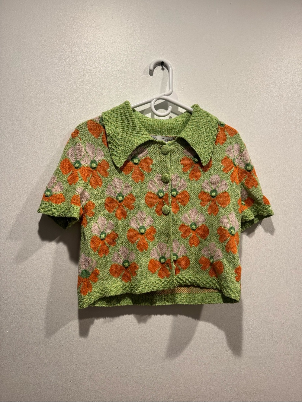 Zara Green Orange Floral Button-Down Short Sleeve Top